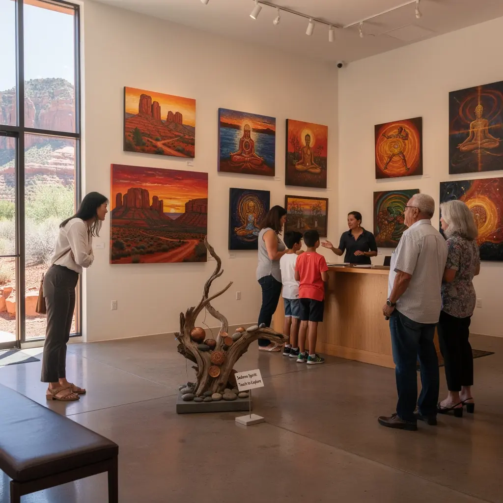 Группа людей на тропе среди духовных мест и храмов.