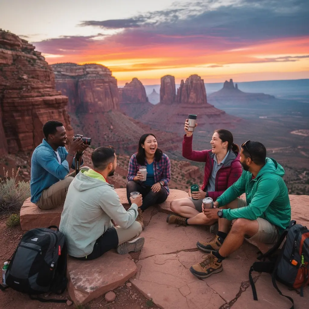 Пейзаж красных скал Седоны на фоне яркого заката.