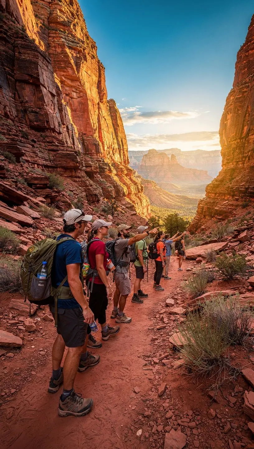 Снимок группы людей, обсуждающих историю региона на фоне красных скал.