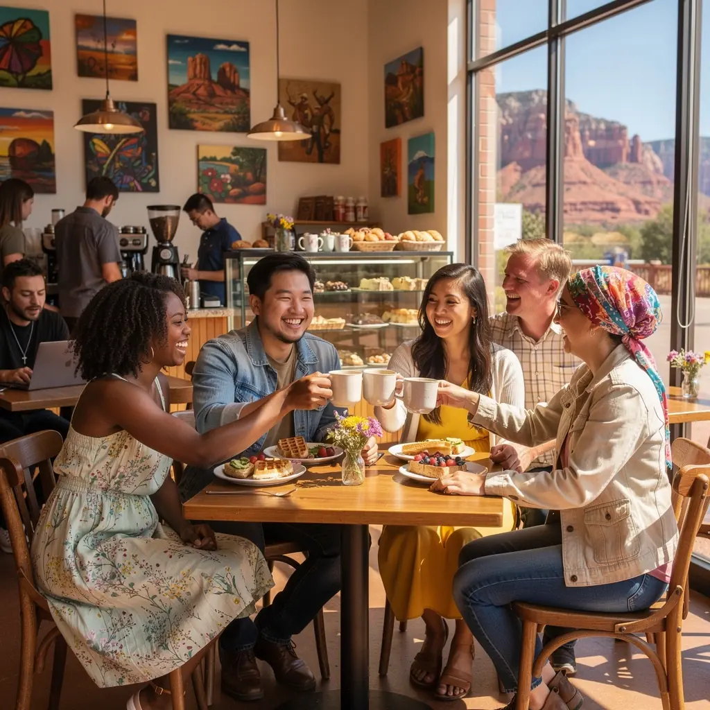 Пейзаж красных скал Седоны на фоне яркого синего неба с солнечными лучами.